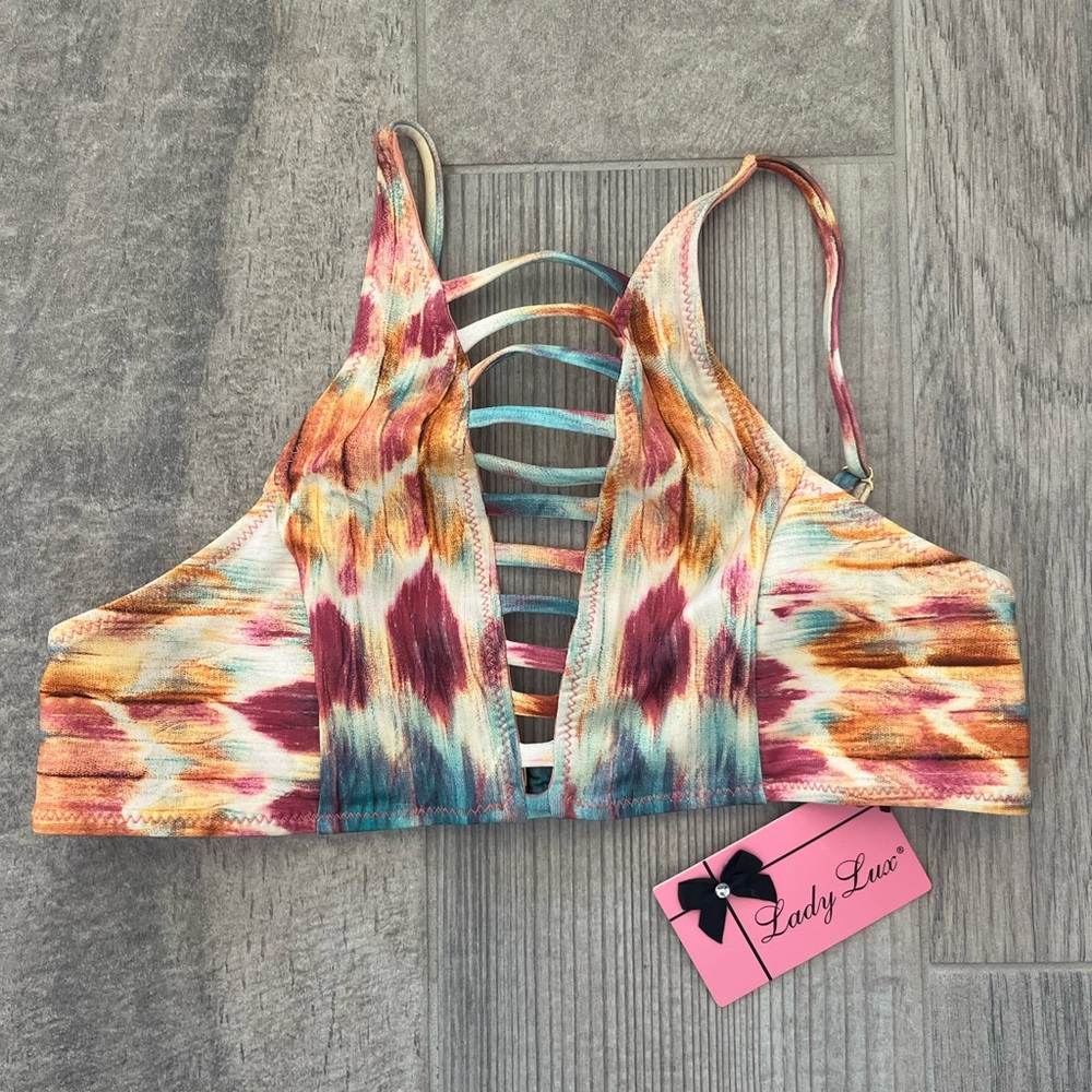 Lady Lux feather wash strappy halter orange tie dye bikini top NWT medium
